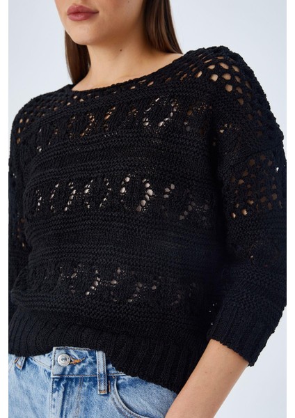 6859 Kadın Kayık Yaka Ajurlu Mevsimlik Triko Kazak Siyah fırsatları