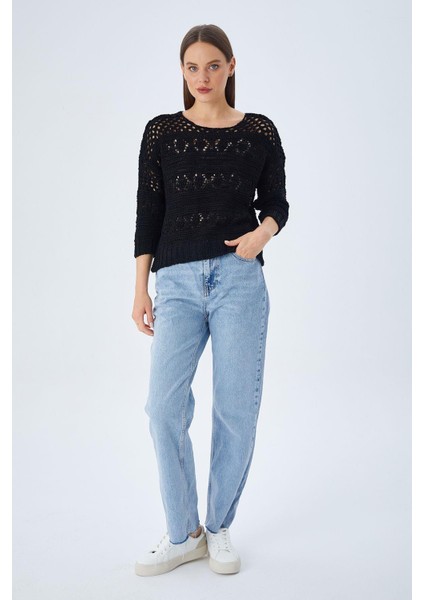 6859 Kadın Kayık Yaka Ajurlu Mevsimlik Triko Kazak Siyah indirimleri