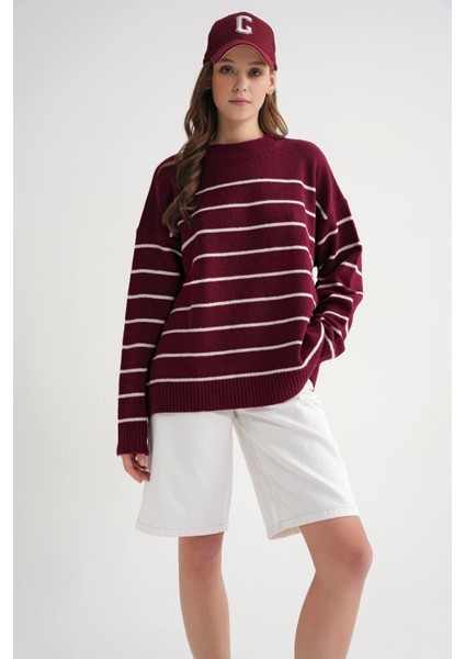 6944 Kadın Salaş Yumuşak Dokulu Çizgili Triko Kazak Bordo fiyatları