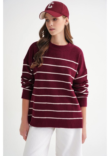 6944 Kadın Salaş Yumuşak Dokulu Çizgili Triko Kazak Bordo modelleri