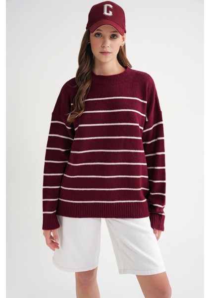 6944 Kadın Salaş Yumuşak Dokulu Çizgili Triko Kazak Bordo fırsatları