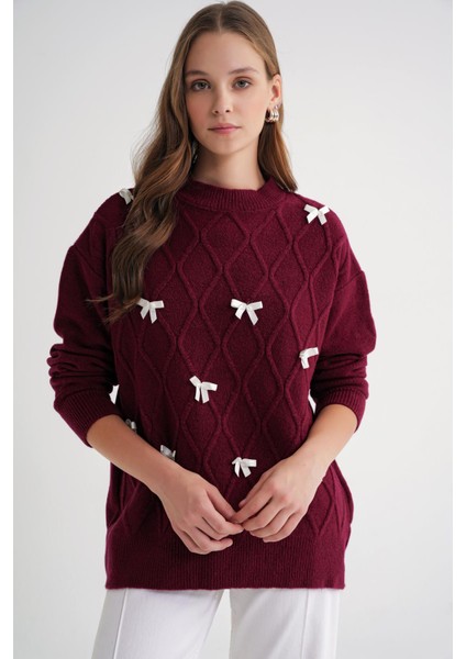 6946 Kadın Oversize Bisiklet Yaka Kurdeleli Triko Kazak Bordo