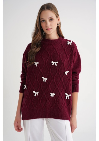 6946 Kadın Oversize Bisiklet Yaka Kurdeleli Triko Kazak Bordo fiyatları