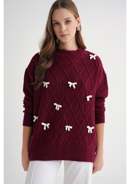 6946 Kadın Oversize Bisiklet Yaka Kurdeleli Triko Kazak Bordo modelleri