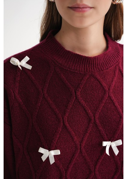 6946 Kadın Oversize Bisiklet Yaka Kurdeleli Triko Kazak Bordo indirimleri