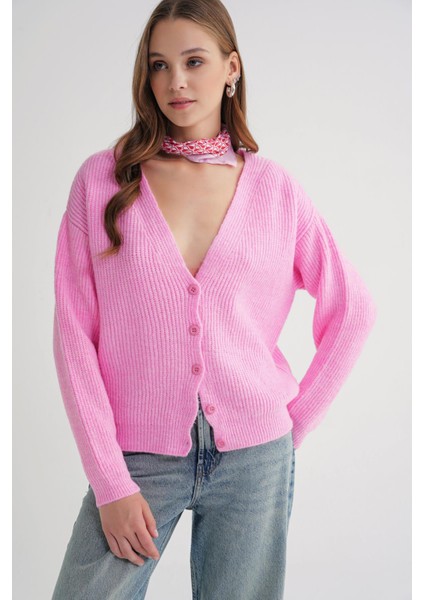 6943 Kadın V Yaka Selanik Hırka Pembe