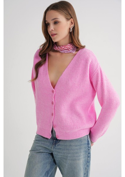 6943 Kadın V Yaka Selanik Hırka Pembe modelleri