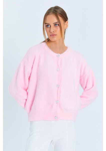 6902 Kadın Sakallı Basic Yumuşak Dokulu Triko Hırka Pembe modelleri