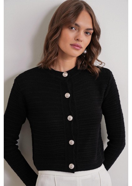 6778 Kadın Links Desenli Crop Triko Hırka Siyah