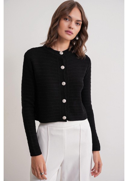 6778 Kadın Links Desenli Crop Triko Hırka Siyah modelleri