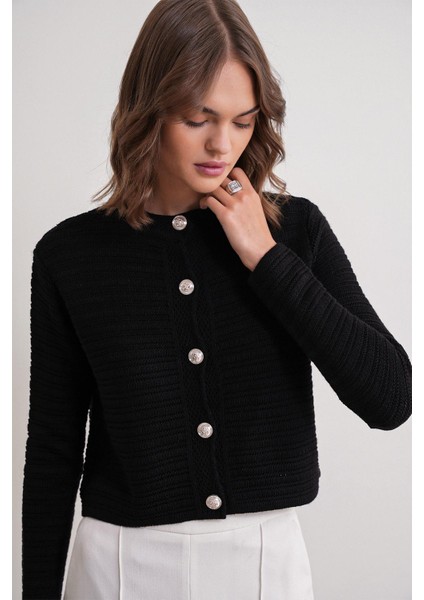 6778 Kadın Links Desenli Crop Triko Hırka Siyah fırsatları