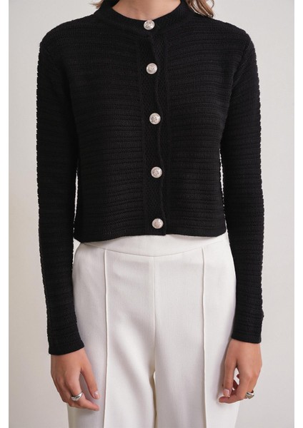 6778 Kadın Links Desenli Crop Triko Hırka Siyah indirimleri