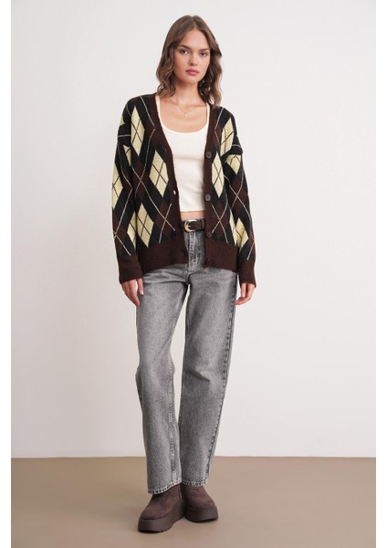 6937 Kadın Baklava Desenli Oversize Triko Hırka Kahve fiyatları