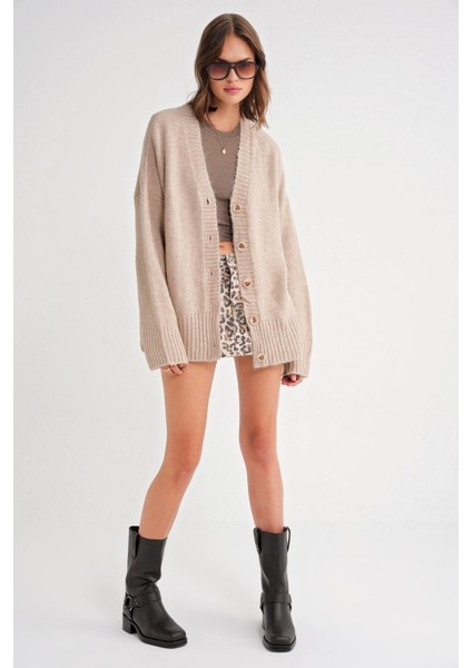 6927 Kadın Yumuşak Dokulu Salaş Basic Triko Hırka Bej modelleri