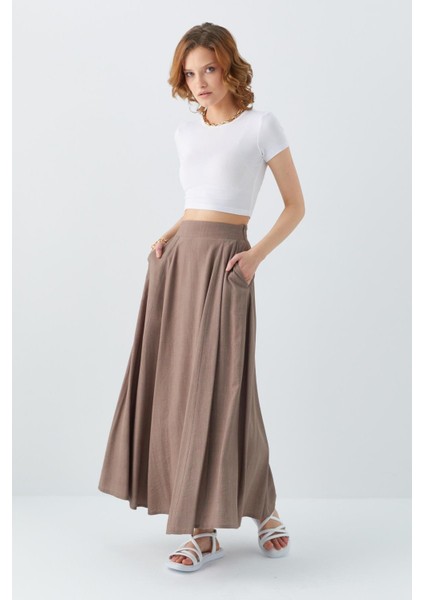 4631 Kadın Parçalı Kloş Etek Toprak