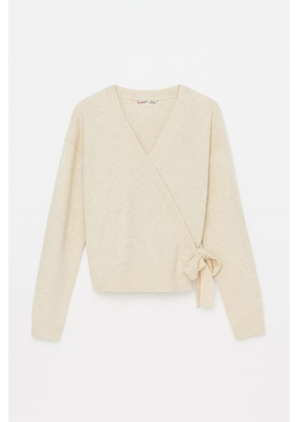 6959 Kadın Fiyonklu Triko Hırka Naturel