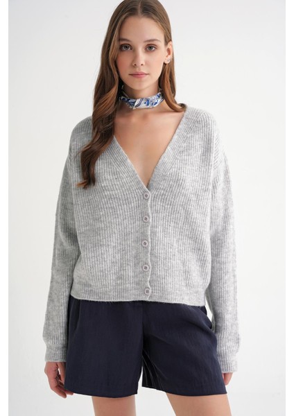 6943 Kadın V Yaka Selanik Hırka Gri