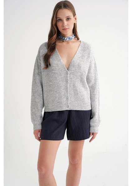 6943 Kadın V Yaka Selanik Hırka Gri fiyatları