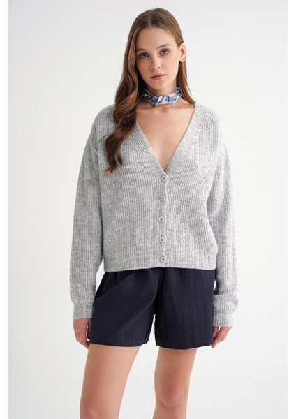 6943 Kadın V Yaka Selanik Hırka Gri modelleri