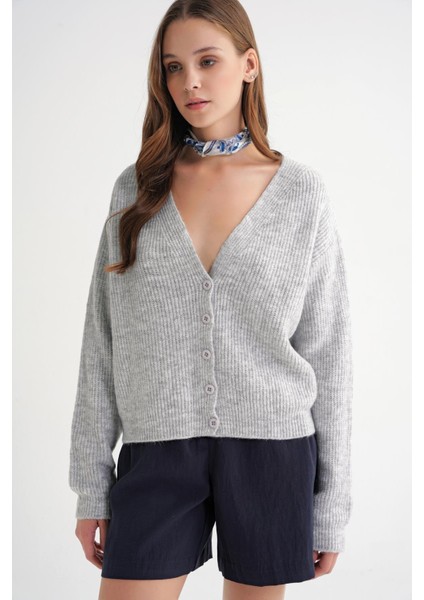 6943 Kadın V Yaka Selanik Hırka Gri fırsatları