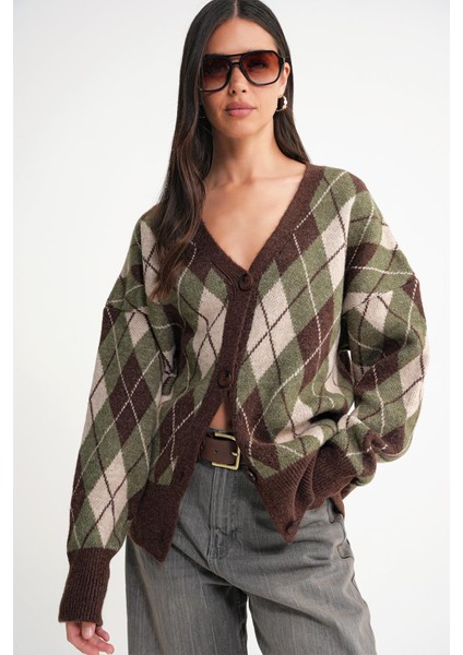 6937 Kadın Baklava Desenli Oversize Triko Hırka Haki