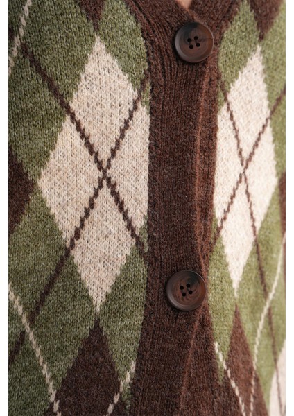 6937 Kadın Baklava Desenli Oversize Triko Hırka Haki indirimleri