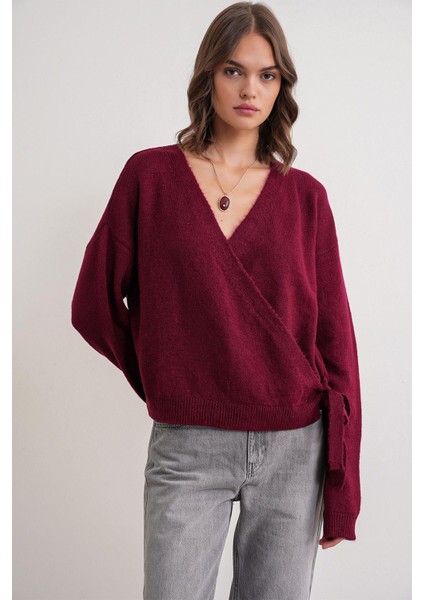 6959 Kadın Fiyonklu Triko Hırka Bordo