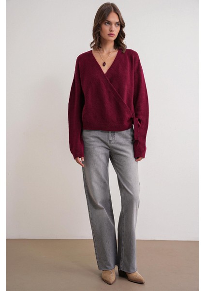 6959 Kadın Fiyonklu Triko Hırka Bordo fiyatları