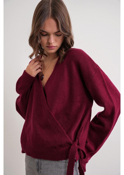 6959 Kadın Fiyonklu Triko Hırka Bordo modelleri