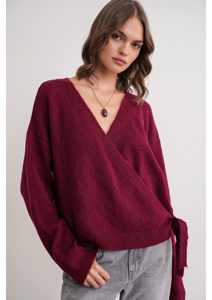 6959 Kadın Fiyonklu Triko Hırka Bordo fırsatları