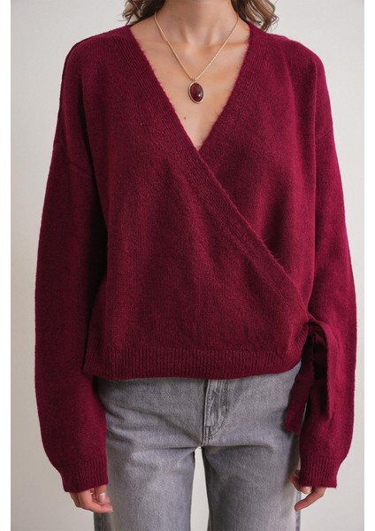 6959 Kadın Fiyonklu Triko Hırka Bordo indirimleri