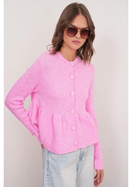 6958 Kadın Triko Peplum Hırka Pembe