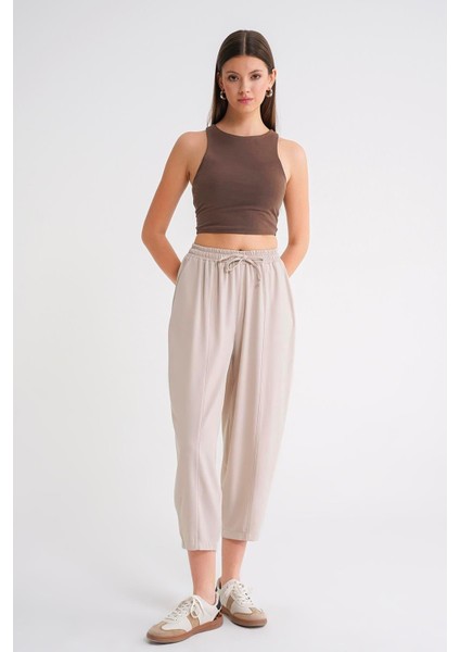 4307 Kadın Beli Lastikli Parçalı Şalvar Pantolon Taş