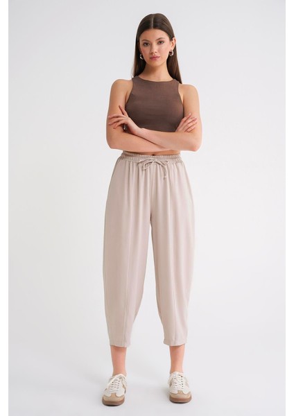 4307 Kadın Beli Lastikli Parçalı Şalvar Pantolon Taş modelleri