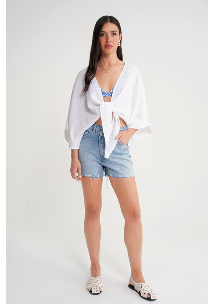 4723 Kadın Önü Bağlamalı Bolero Bluz Ekru modelleri