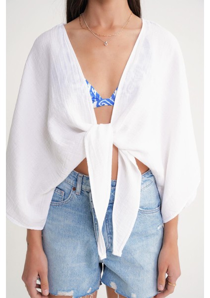 4723 Kadın Önü Bağlamalı Bolero Bluz Ekru indirimleri