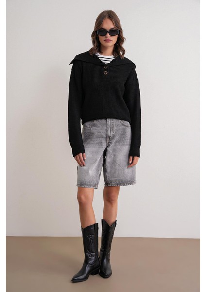 6900 Kadın Düğmeli Devrik Yaka Triko Kazak Siyah fiyatları