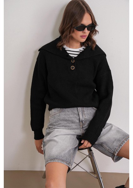 6900 Kadın Düğmeli Devrik Yaka Triko Kazak Siyah fırsatları