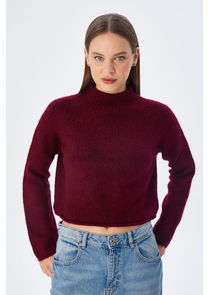6854 Kadın Dik Yaka Bütün Crop Triko Kazak Bordo