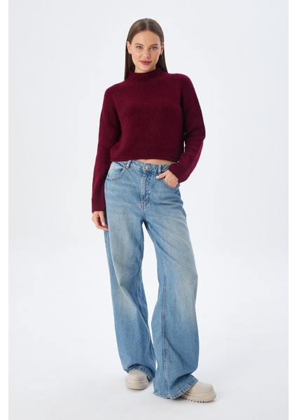 6854 Kadın Dik Yaka Bütün Crop Triko Kazak Bordo fırsatları