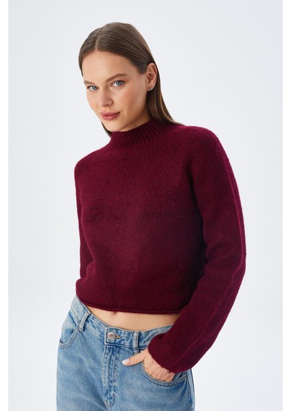 6854 Kadın Dik Yaka Bütün Crop Triko Kazak Bordo indirimleri