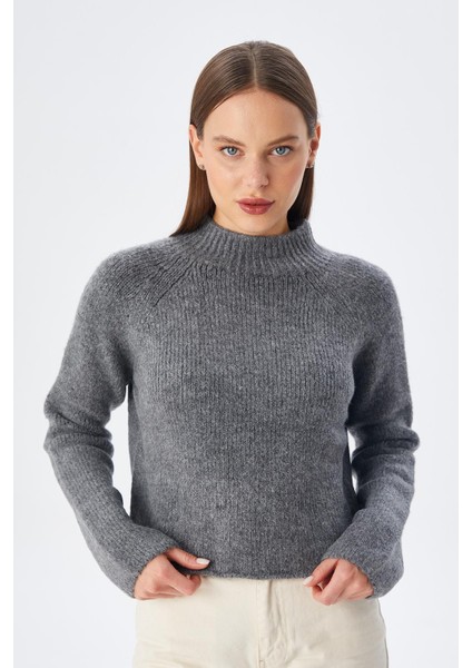 6854 Kadın Dik Yaka Bütün Crop Triko Kazak Antrasit