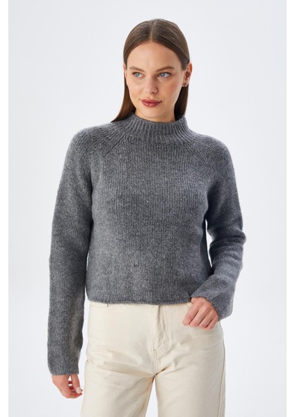 6854 Kadın Dik Yaka Bütün Crop Triko Kazak Antrasit indirimleri