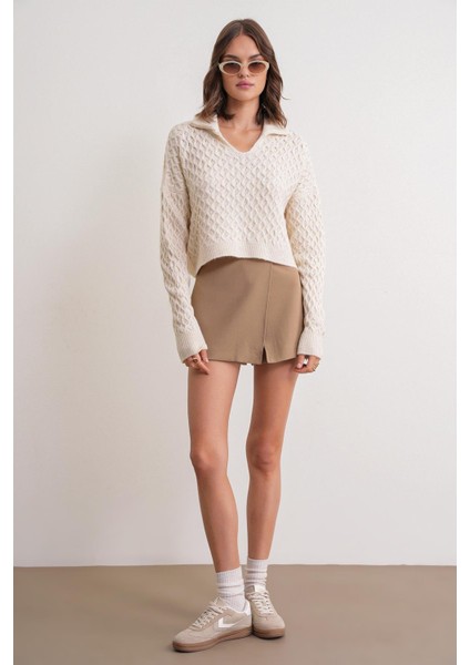 6896 Kadın Örgü Detaylı Crop Triko Kazak Naturel fiyatları