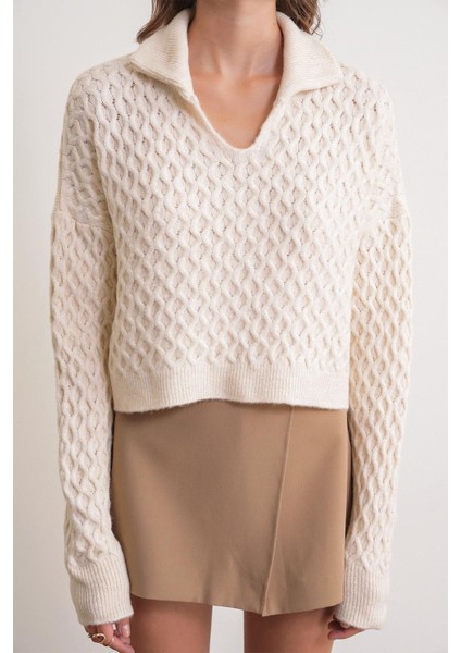 6896 Kadın Örgü Detaylı Crop Triko Kazak Naturel indirimleri