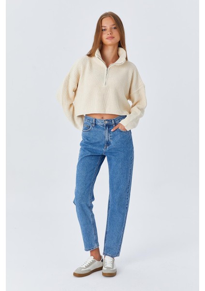 6752 Kadın Crop Fermuarlı Kazak Naturel indirimleri