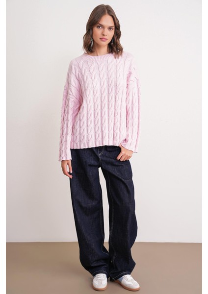 6973 Kadın Saç Örgülü Regular Basic Triko Kazak Pembe fiyatları