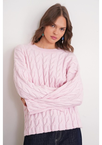 6973 Kadın Saç Örgülü Regular Basic Triko Kazak Pembe modelleri