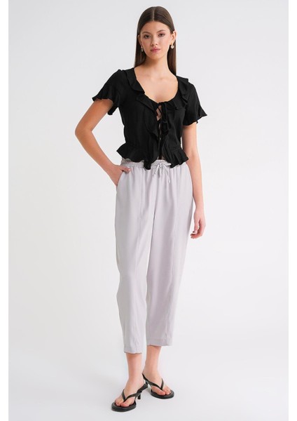 4307 Kadın Beli Lastikli Parçalı Şalvar Pantolon Gri