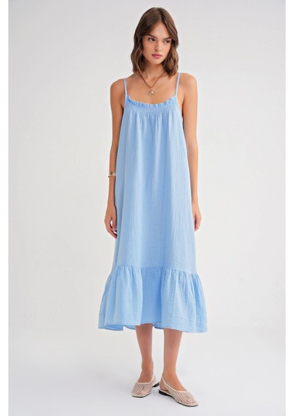 4740 Kadın Askılı Müslin Midi Elbise Bebe Mavi